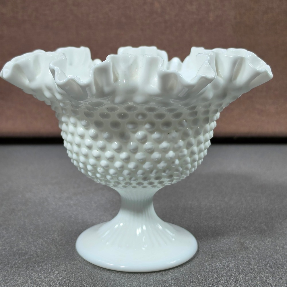 Fenton Hobnail Milk Glass Pedestal Bowl White Ruffled Rim Vintage Excellent